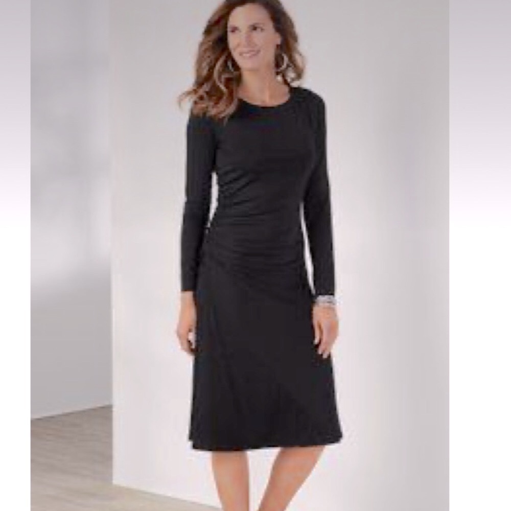 Soft Surroundings Darcey Dress Black Long Sleeve Lined Ruched Side Below Knee L